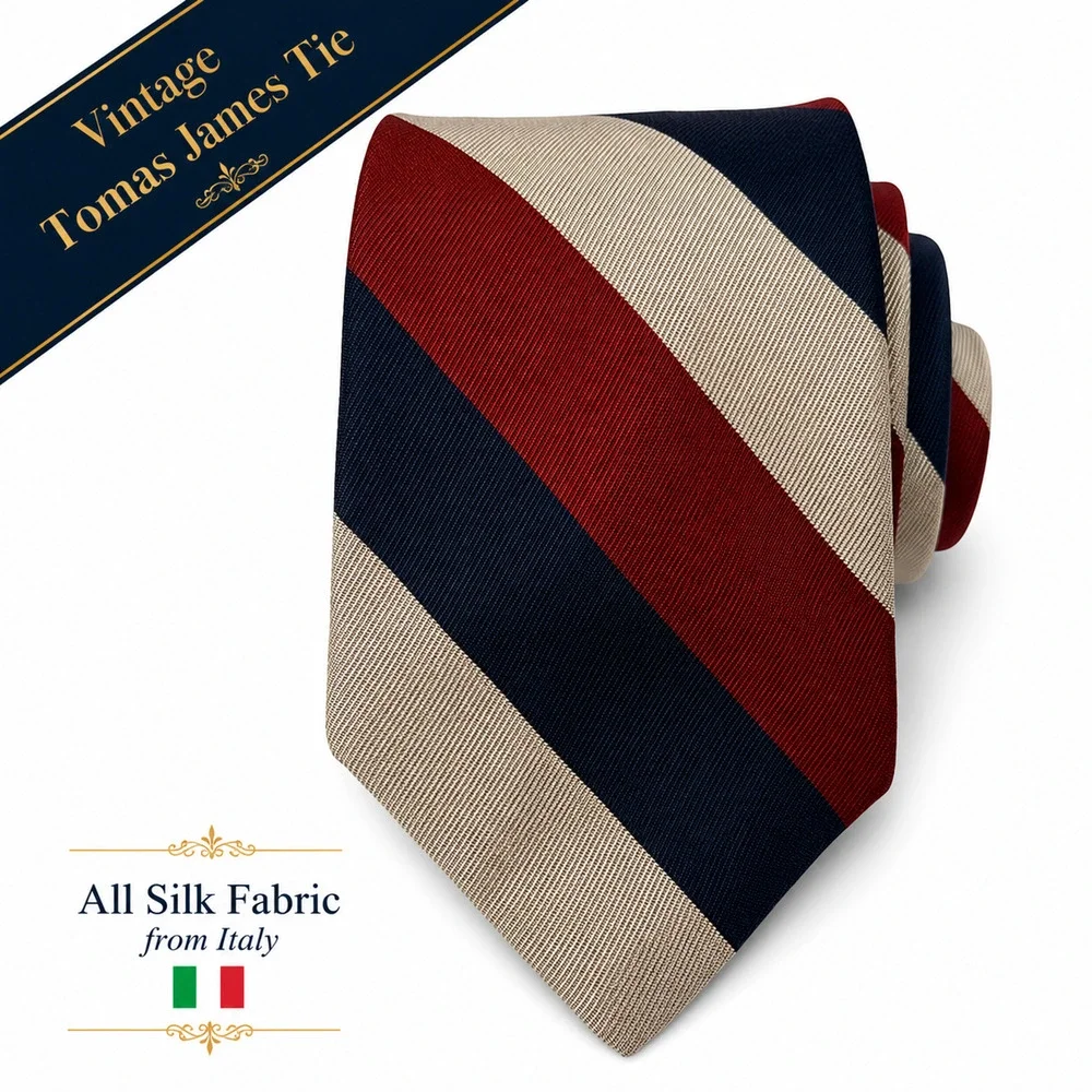 Vintage Tom James Silk Tie Regimental Stripe Red Blue Tan Italian Fabric USA